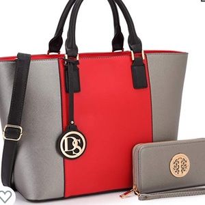 Big gray/silver & red purse
